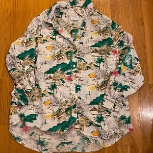 Cynthia Rowley Linen Amalfi Coast Vacation Print Button Down Shirt Blouse 1X
